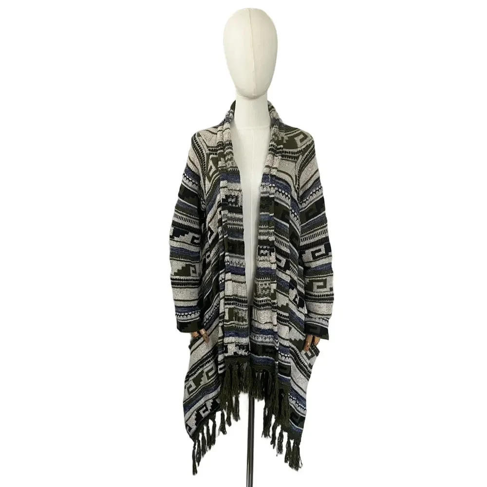 J. Jill Wool Blend Fringe Open Cardigan Sweater Boho Aztec Large - Picture 5 of 14